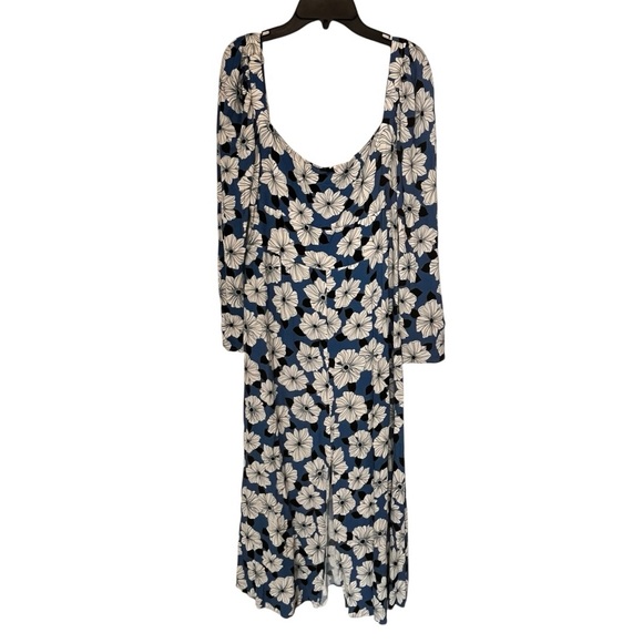 REISS | Miller Blue White Floral Print Square Neck Midi Dress 10 - Picture 8 of 16
